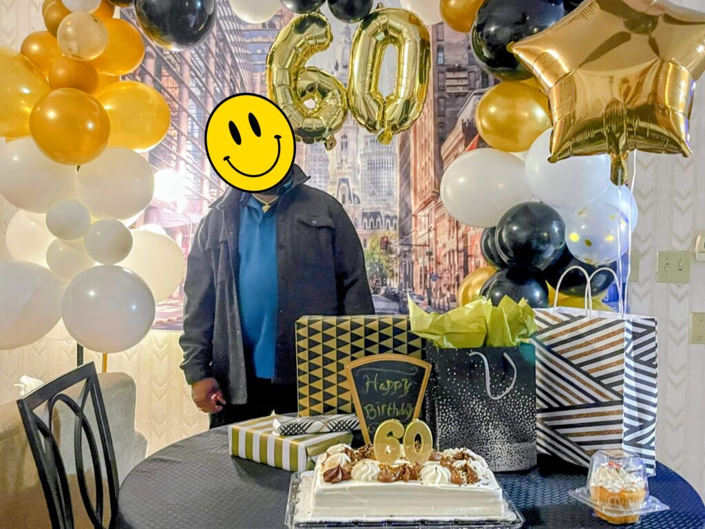 60 birthday backdrop & table setup happy face