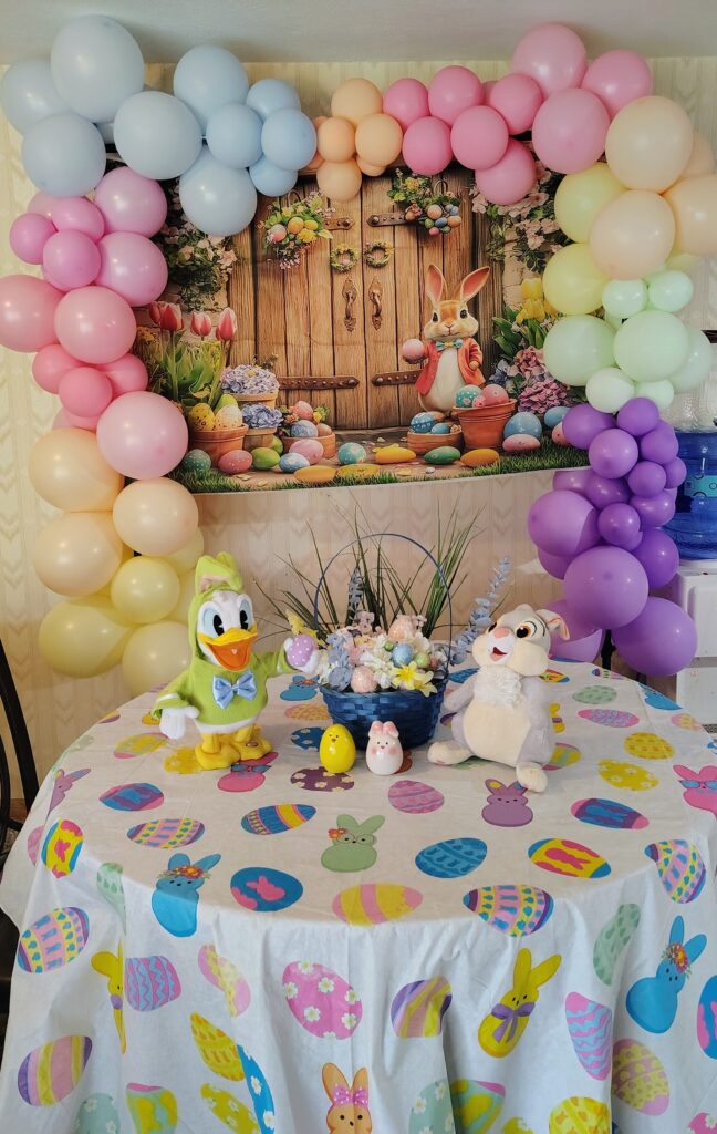 easter backdrop with balloon arch & table setup2
