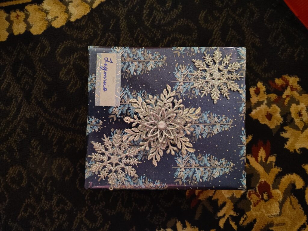 blue & silver trees with snowflake package