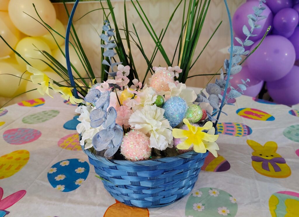 Easter floral arrangement in Easter Basket.